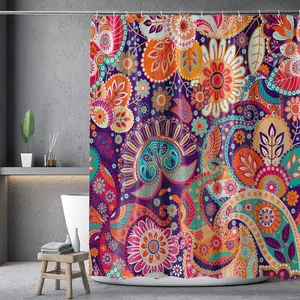 Boho Style  Flower  Pattern Shower Curtain, Shower Curtain Sets, 1 Count Waterproof Shower Curtain with 12pcs Hooks, Bathroom Decor Supplies for Home Hotel Salon