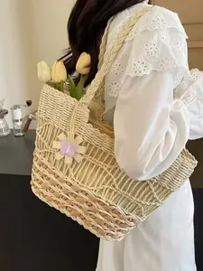 2026 New Boho Patchwork Crossbody Bag, Large Capacity Handwoven Straw Tote, Floral Decor, Beach & Daily Use, All-Season Fashion Accessory