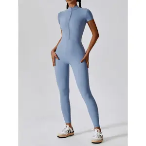 Women's Solid Zipper Mock Neck Sports Jumpsuit, Summer Outfits 2024, Casual Sporty High Waist Quick Drying Jumpsuit for Yoga Gym Workout, Ladies Summer Sportswear