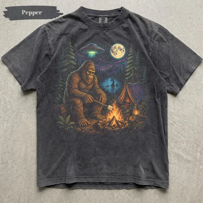 Bigfoot Camping Shirt, UFO Moon Forest Graphic Tee, Sasquatch Campfire Shirt, Cryptid Outdoor Gift, Adventure Tee, Comfort Colors T-shirt