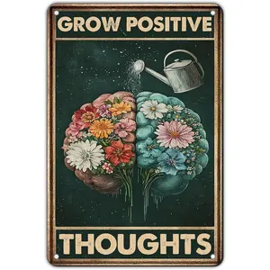 Vintage Tin Metal Sign Poster Grow Positive Thoughts Vintage Poster Flower Head Girl Poster Mental Health Poster Motivational Poster Emotions Poster Vintage Wall Home Decor 8x12 Inch