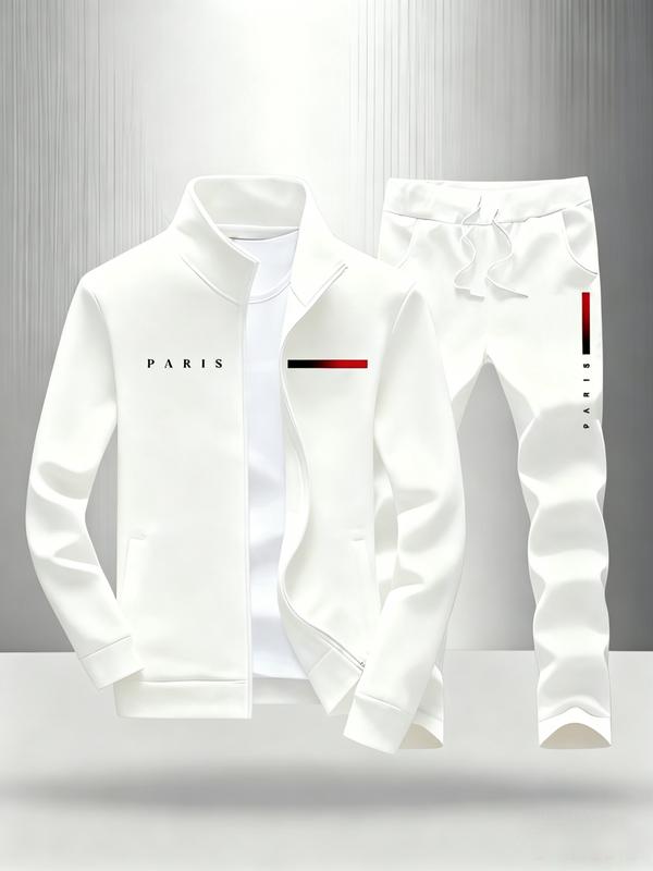 Men's new casual sports set, including a comfortable zipper jacket and loose fitting pants, adorned with the word "Paris" and fashionable red and black stripes, is perfect for occasions such as Halloween, Christmas, Thanksgiving, etc. fathersdaygift