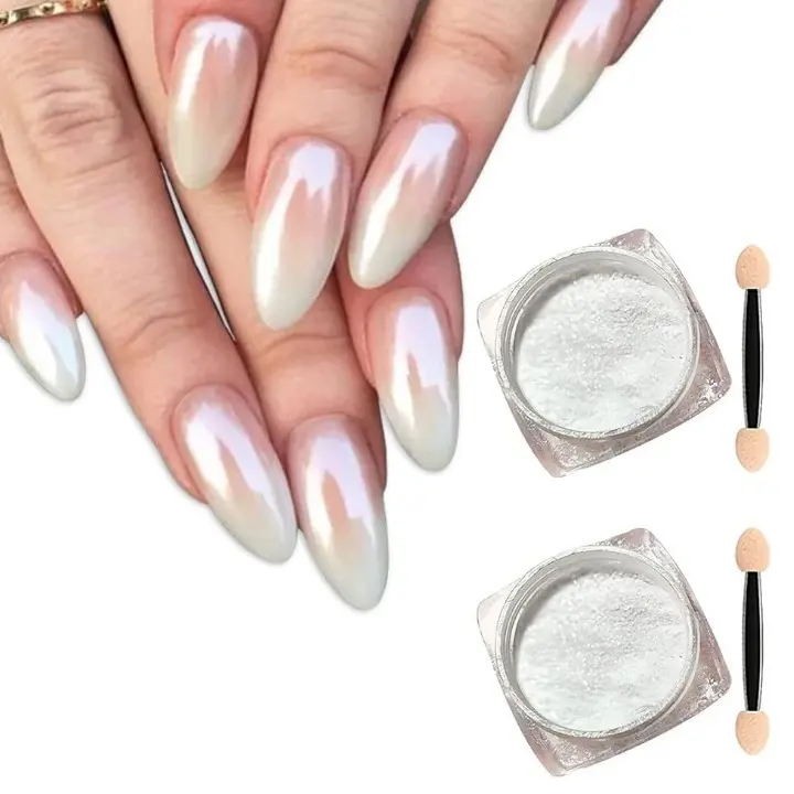 White Pearl Chrome Nail Powder, Powder Mirror Effect, Glitter Powder Pearl Ice Transparent Mermaid Pigment Powder Gel Nail Polish Art Decoration