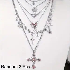 3-piece set of personalized Y2 purple rhinestone bow and heart pendant necklaces for women, suitable for daily wear and party matching, trendy accessories