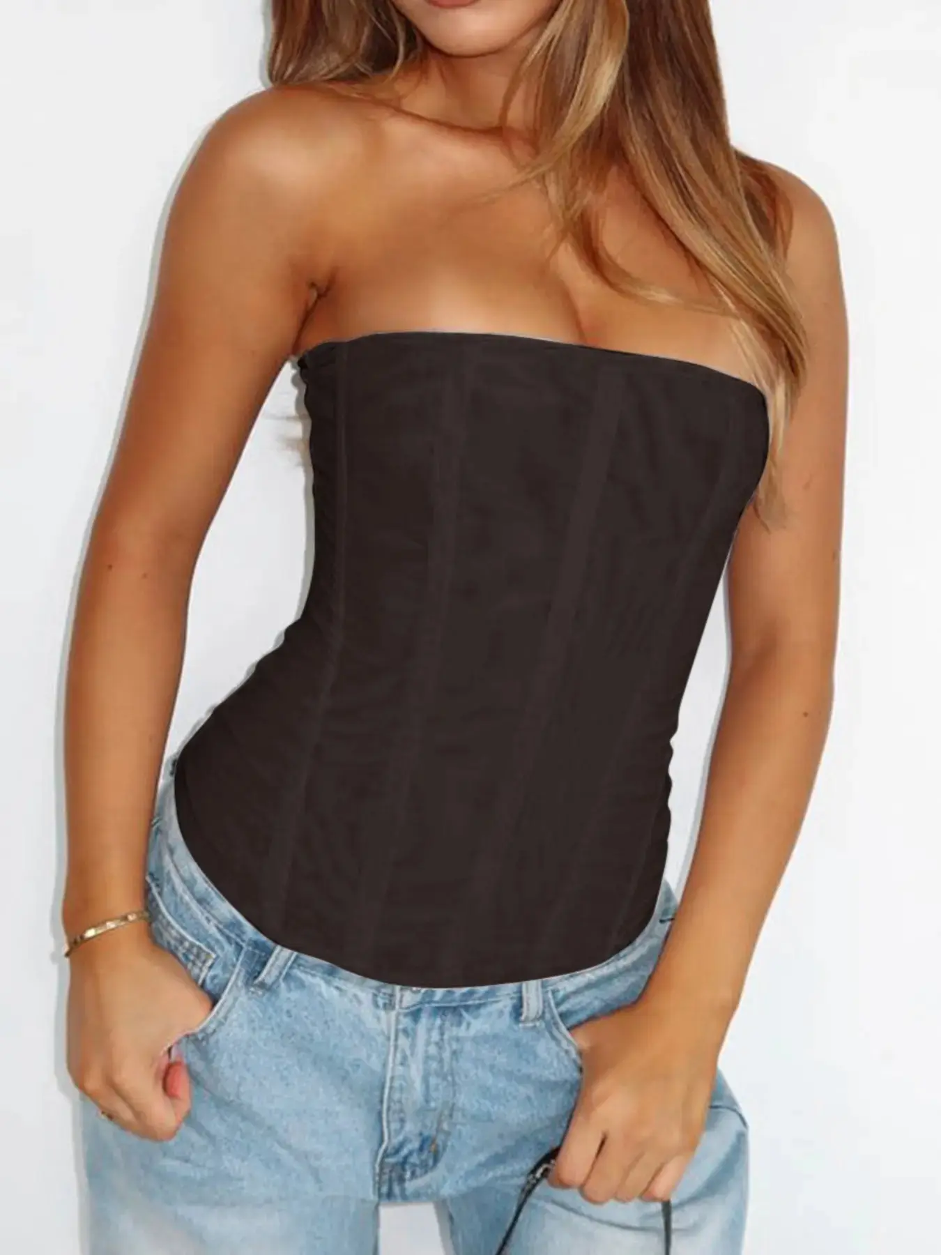 Fishbone Corset Crop Cami Top Solid Tube Mesh Fitted Party Daily 2026