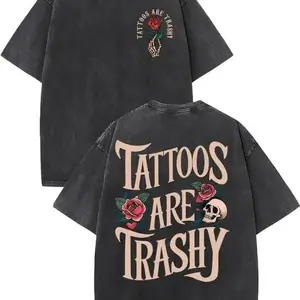 [Vintage Cotton T-Shirt] High Quality Cotton Vintage Wash Style Men's Double-Sided Printed T-Shirt, Tattoos Are Lowbrow, Summer Wear, Drop Shoulder Sleeves Round Neck Short-Sleeved Top