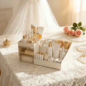 The 1pc cream-colored storage box, Beauty Organizer Box, Makeup Organizer with a simple style features a multi-drawer design, which can store various items, whether cosmetics or delicate trinkets, they can all be neatly placed inside