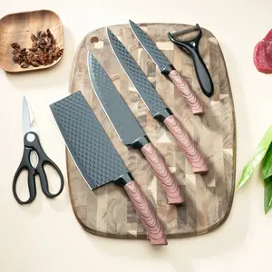Professional 6pcs Kitchen Knives, Chef, Cleaver, Slicer, Utility Knife Peeler & Scissors Stainless Steel Ultra Sharp With Non-Stick Ergonomic Wood Handle Cooking Chef Knife Set For Home Travel Vegetable, Meat, Fruit With Gift Box