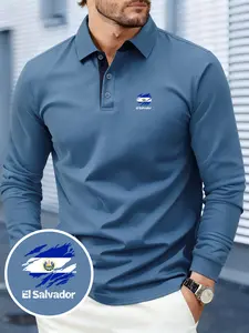 Men's El Salvador Print Long-Sleeve Polo Shirt, Soft & Breathable Fabric, Comfortable for All Seasons, Fashionable & Versatile, Suitable for Business Gatherings, Outdoor Sports & Daily Wear, Men's Casual & Business Collared Shirt