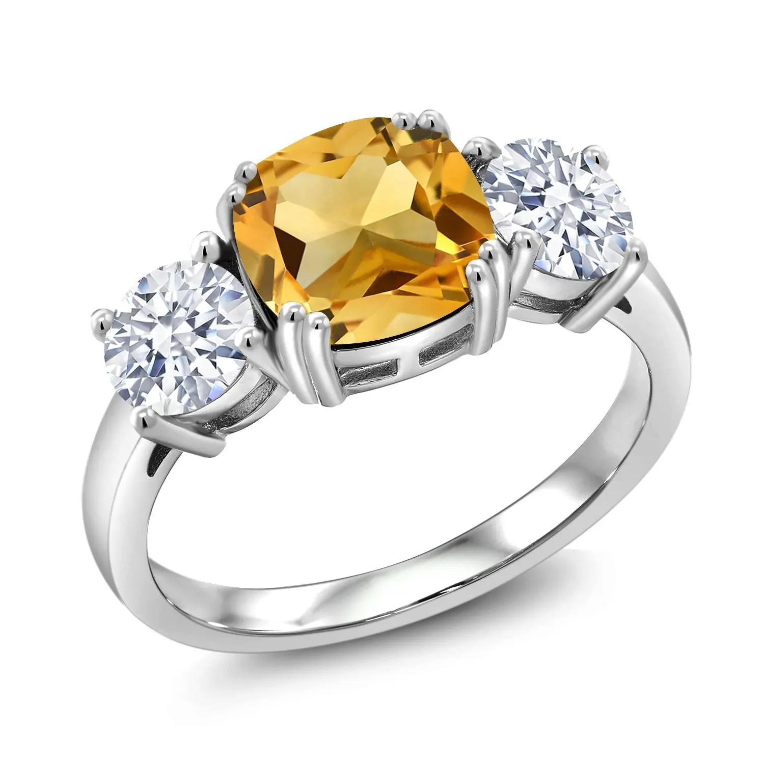 Gem Stone King 4.50 Cttw Yellow Citrine 3-Stone Engagement Ring For Women | 925 Sterling Silver | Gemstone Birthstone | Cushion 8MM | Wedding Engagement Anniversary Promise Ring For Women