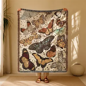 Little Butterfly Pattern Bohemian Yarn Jacquard Woven Blanket with Tassel, Thick Soft Washable, Used for Home Decor Sofa Chair Bed Tapestry Tablecloth Floor Garden Picnic Outdoor Camping, Boho Style Blanket