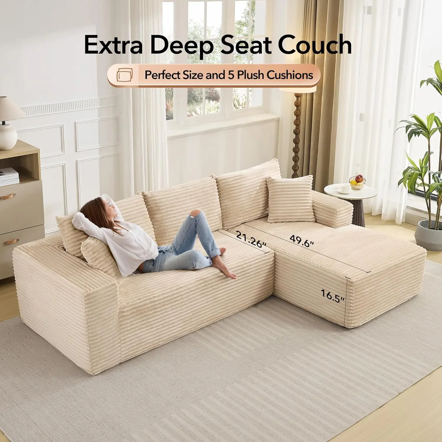 Garvee 108" Modular L-Shaped Sectional Couch - Boneless Cloud Design Boneless Couches, Comfy Low-Profile Deep Seat, Sturdy Base, Machine-Washable Corduroy Covers, No Assembly Needed, Living Room Furniture - Beige (Right-Side Layout)