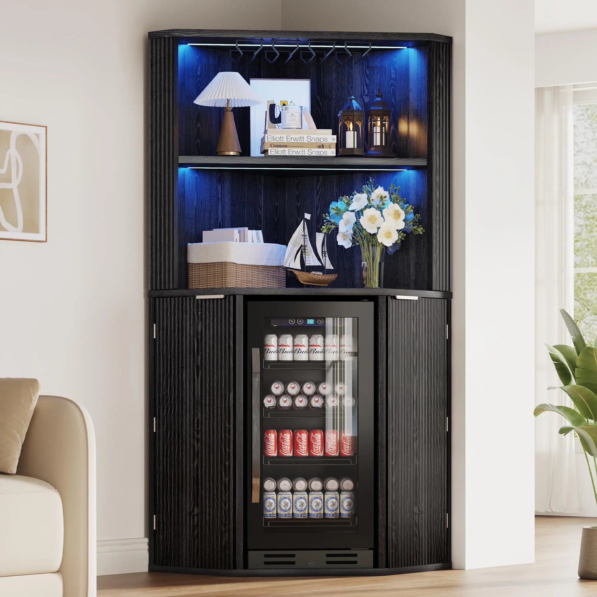 Corner Bar Cabinet 71" L-Shaped with Fridge Space Black Fluted Design LED Lighting Freestanding Home Mini Bar Cabinet for Modern Living RoomsCorner Bar Cabinet 71" L-Shaped with Fridge Space, Black | Fluted Corner Wine Cabinet with LED Light, Freestanding
