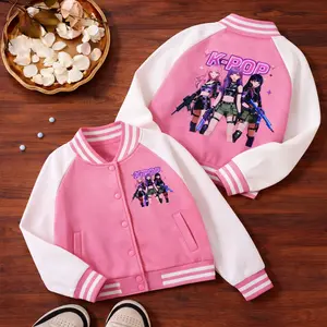 Girls' K-Pop Girl Group Style Printed Baseball Jacket, Comfortable Daily Outerwear for Campus and Casual Wear, Ideal Pre-Valentine’s Day Fashion Item Menswear
