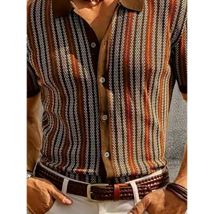 European And American Thick Men'S High-quality Retro Striped Jacquard Craftsmanship Casual Short Sleeved Single Breasted Cardigan Sweater Shirt Vintage Tops Fabric Menswear Polyester Stretch