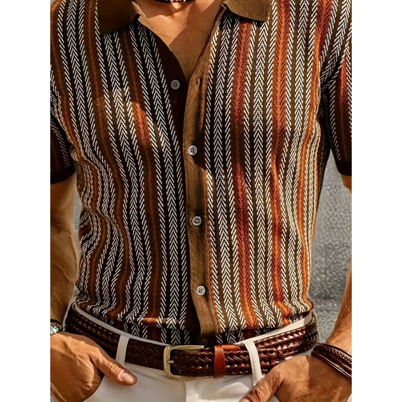 Men's Vintage Striped Short Sleeve Cardigan, Fitted Button-Front Knit Polo Sweater in a Rayon Blend, Shortsleeve, Polyester