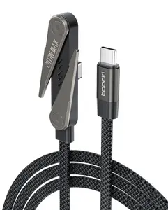 toocki 240W Braided Fast Charge Cable with Built-in Phone Stand T-Shaped Foldable Durable USB-C Cord 90 Degree USB C Cable Right Angle Multi-Functional Charger Cord, Black, 4.9FT