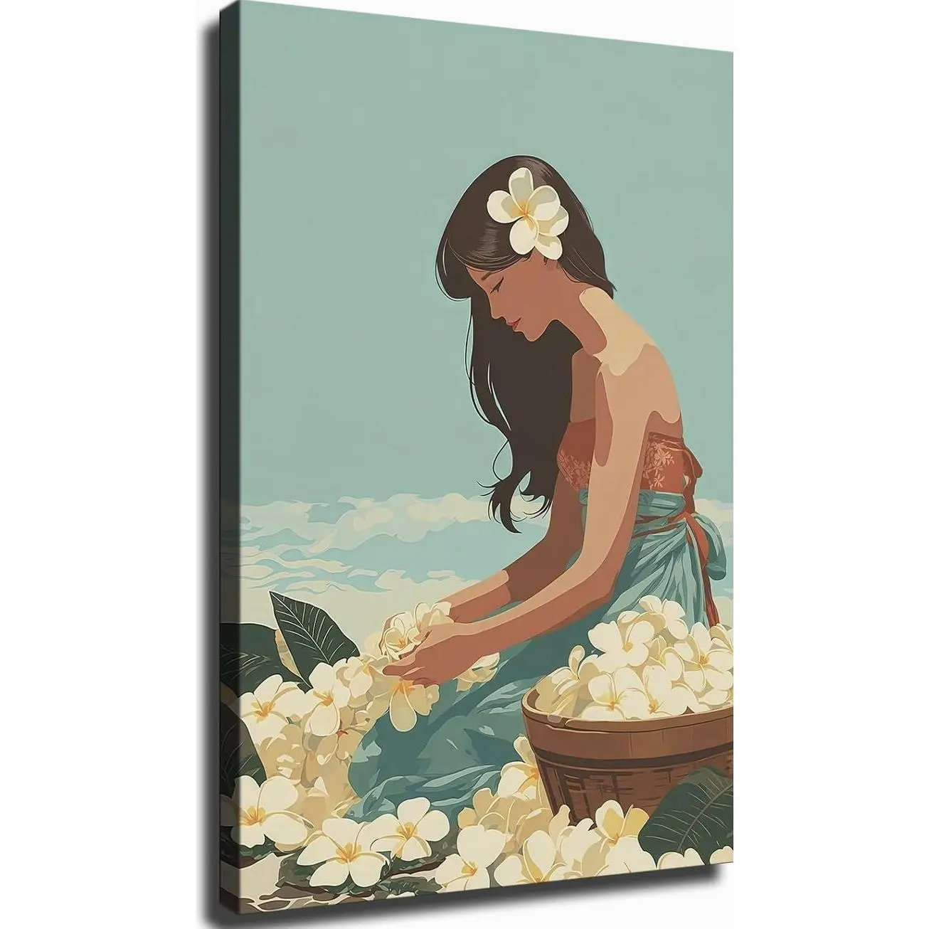 Woman Making Lei From Plumeria Flowers Hawaiian Art Print Tropical Island Decor Botanical Illustration Beach House Wall Art Hawaii Poster