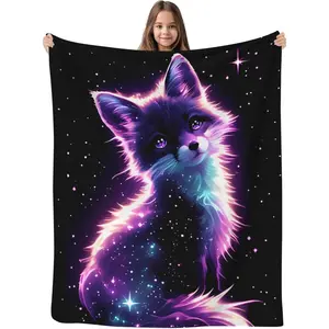 Flannel Blanket | Cute Galaxy Fox Throw Blanket, Kawaii Fox Gifts For Girls Boys Kids Baby, Purple Black Hot Pink Sparkle Starry Stars | Gift Blanket / All Season