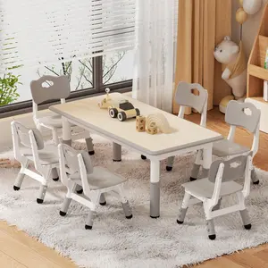 Kids Study 6 Set,Height Adjustable Table and Chairs for Children and Toddlers 47.2"X23.6"Graffiti Desktop,Suitable for Daycare,Classrooms, Home,with Storage Box, GRAY Modern Nursery Dining  Ergonomic