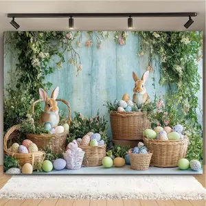 Easter Celebration Photography Background, Wooden Wall with Egg Rabbit Flower Patterns, Youth Baptism Birthday Parties Portraits Mini Shoots, Vibrant Spring Themes, Photo Backdrops