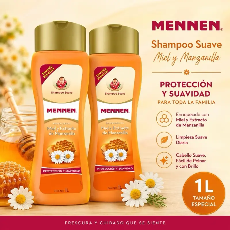 Mennen Honey & Chamomile Haircare Shampoo (2 Bottles, 33.9 fl oz/1L Each) - Daily Gentle Cleansing, Fragranced, Soft & Fresh Hair