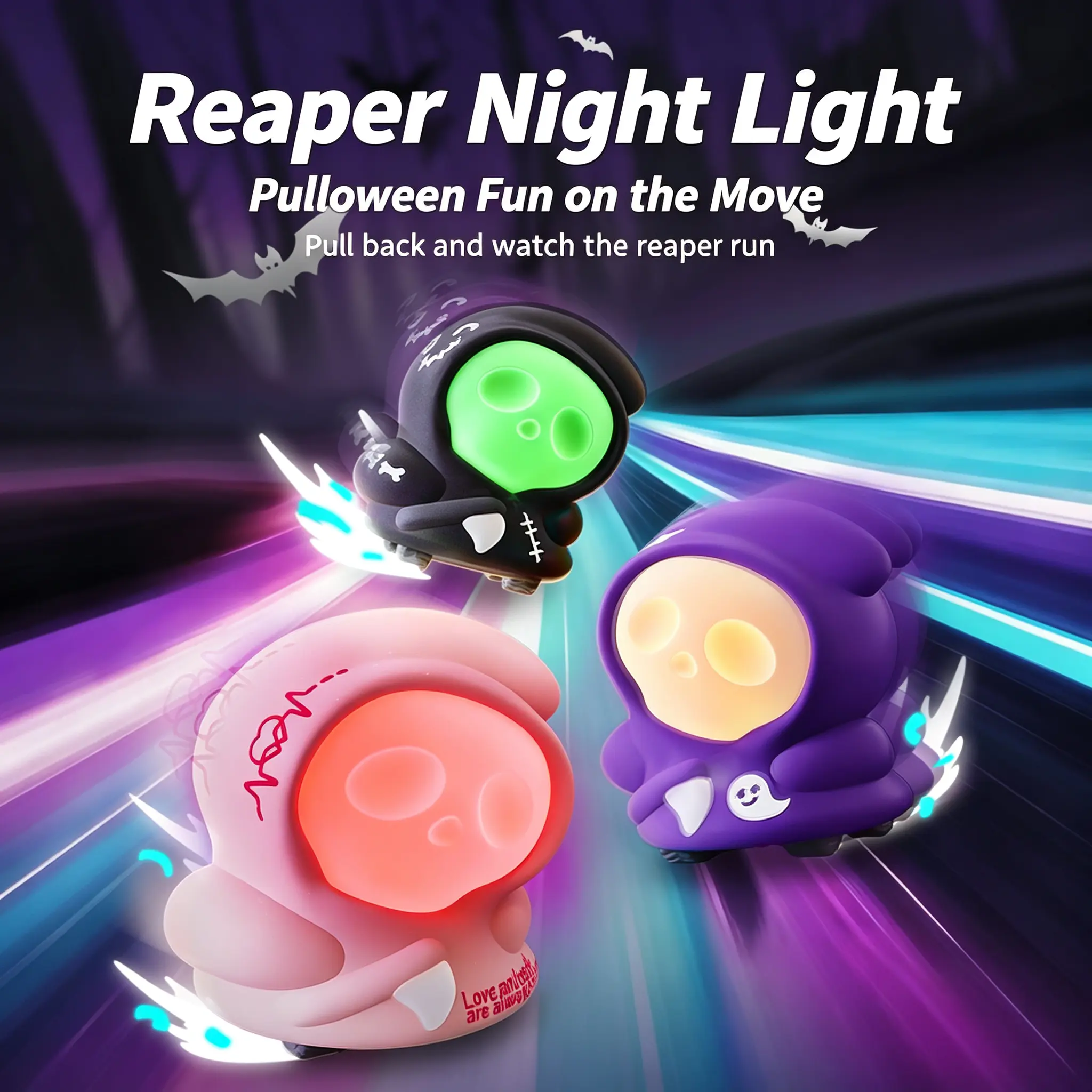 3Colors Death Run Pat to Change 3Colors Night Light Thanksgiving & Halloween Skull Lamp with Rear Wheels Toys for Gifts