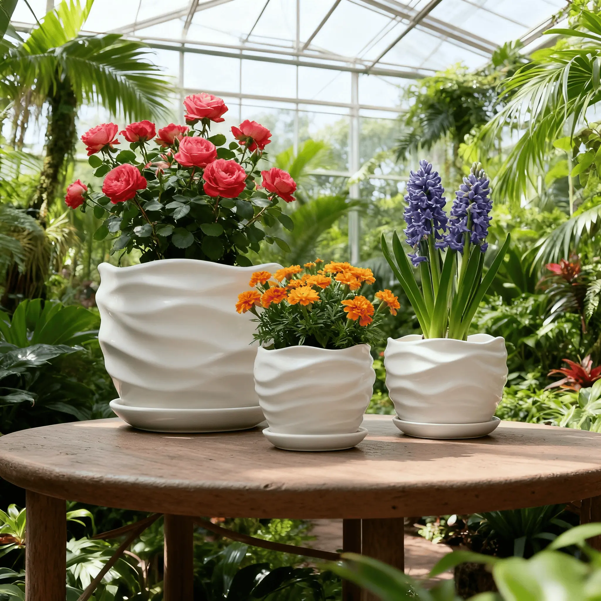 White Ripple Ceramic Light-Glazed Planter Set | 3PCS Luxury Home Decor Flower Pots with Saucers