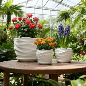 White Ripple Ceramic Light-Glazed Planter Set | 3PCS Luxury Home Decor Flower Pots with Saucers