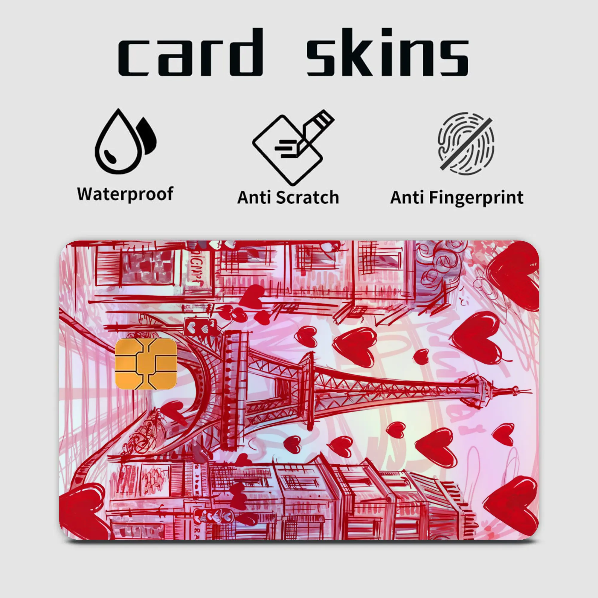 Paris Eiffel Tower Hearts Credit Card Skin, Red Romantic City Debit Card Sticker, French Love Aesthetic Bank Card Cover, Valentine Chip Card Decal, Cute Travel Gift