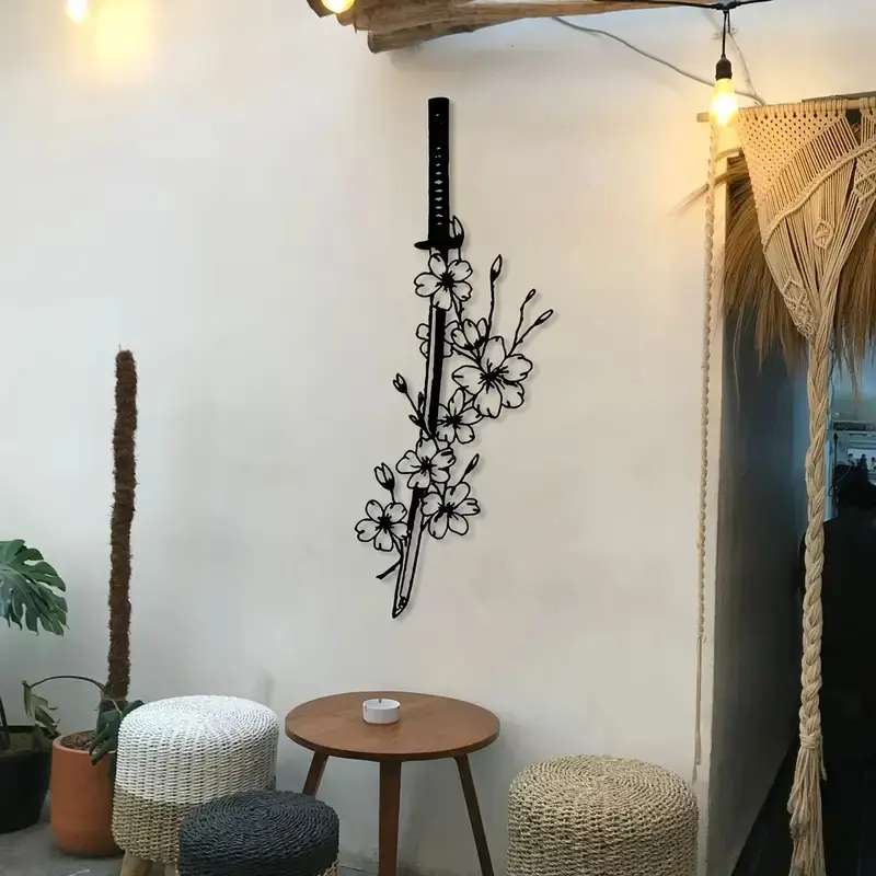 Japanese Cultural Blooming Plum Blossom Samurai Metal Wall Art Unique Samurai Spirit Art Mural for Living Rooms Bedrooms Ideal Gift for Enthusiasts Easy to Hang Home Office Decor