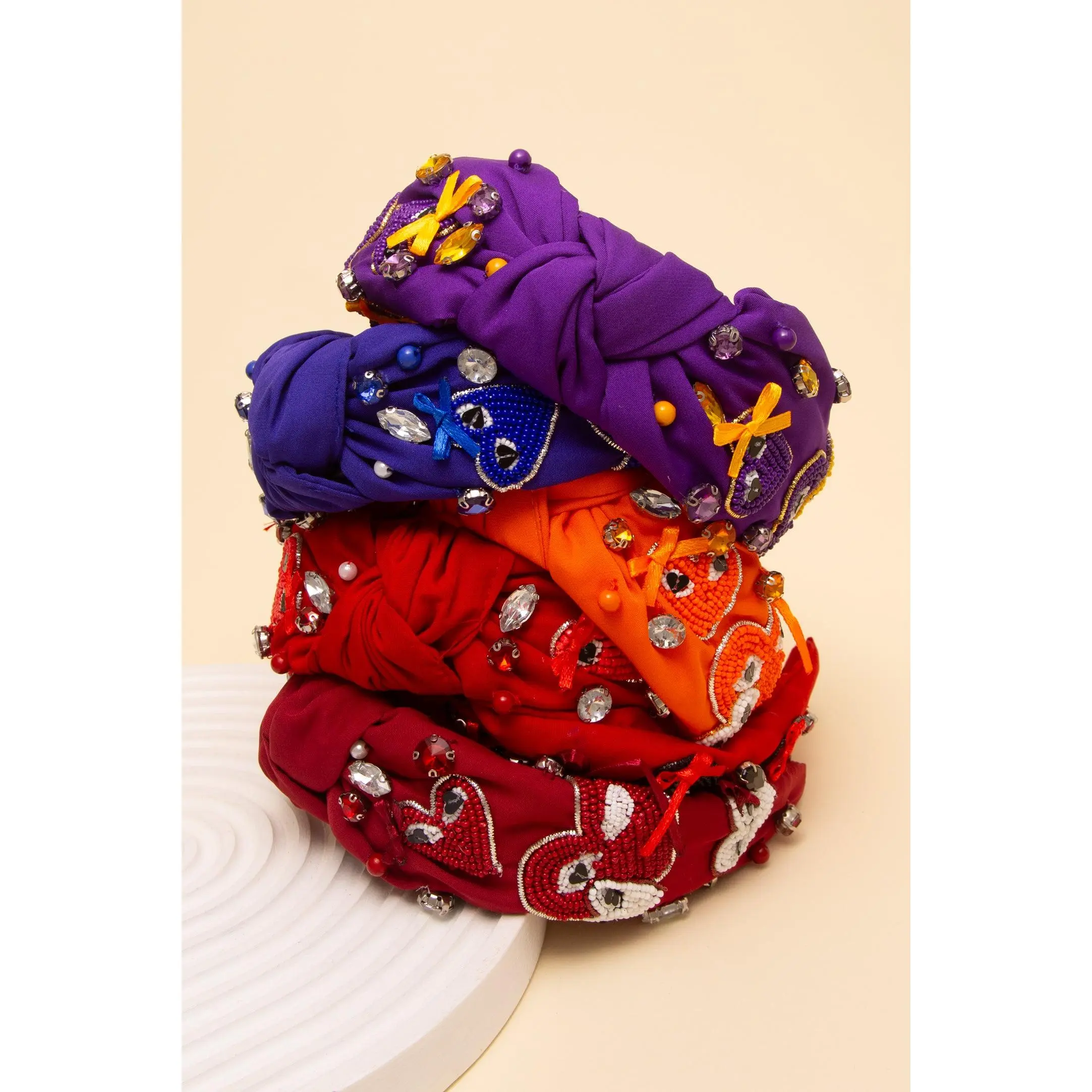 Nora Game Day Heart Crystal Seed Beaded Top Knotted Headband