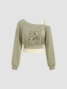 Cider Two Piece Terry Floral Asymmetrical Neck Long Sleeve Crop Sweatshirt With Ruched Tank Top