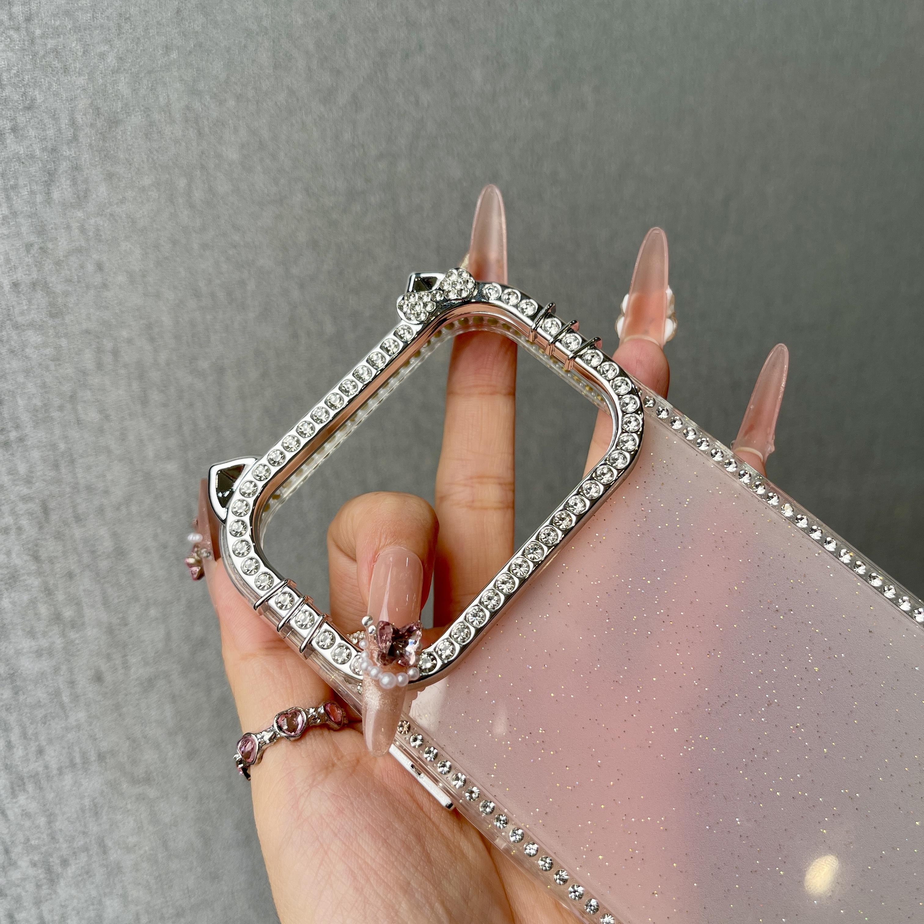 DIY Glitter Clear Phone Case with Pearl & Rhinestone Bow Charms, Bling Cat Ear Diamond Frame Customizable Protective Cover for IP 17 Pro max, 16plus, 15, 14, 13 junk