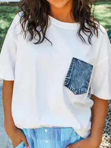 Color Block Chest Pocket Patched Casual Short Sleeve Top,  Crafted With Soft Breathable Cotton Blend With High Stretch.