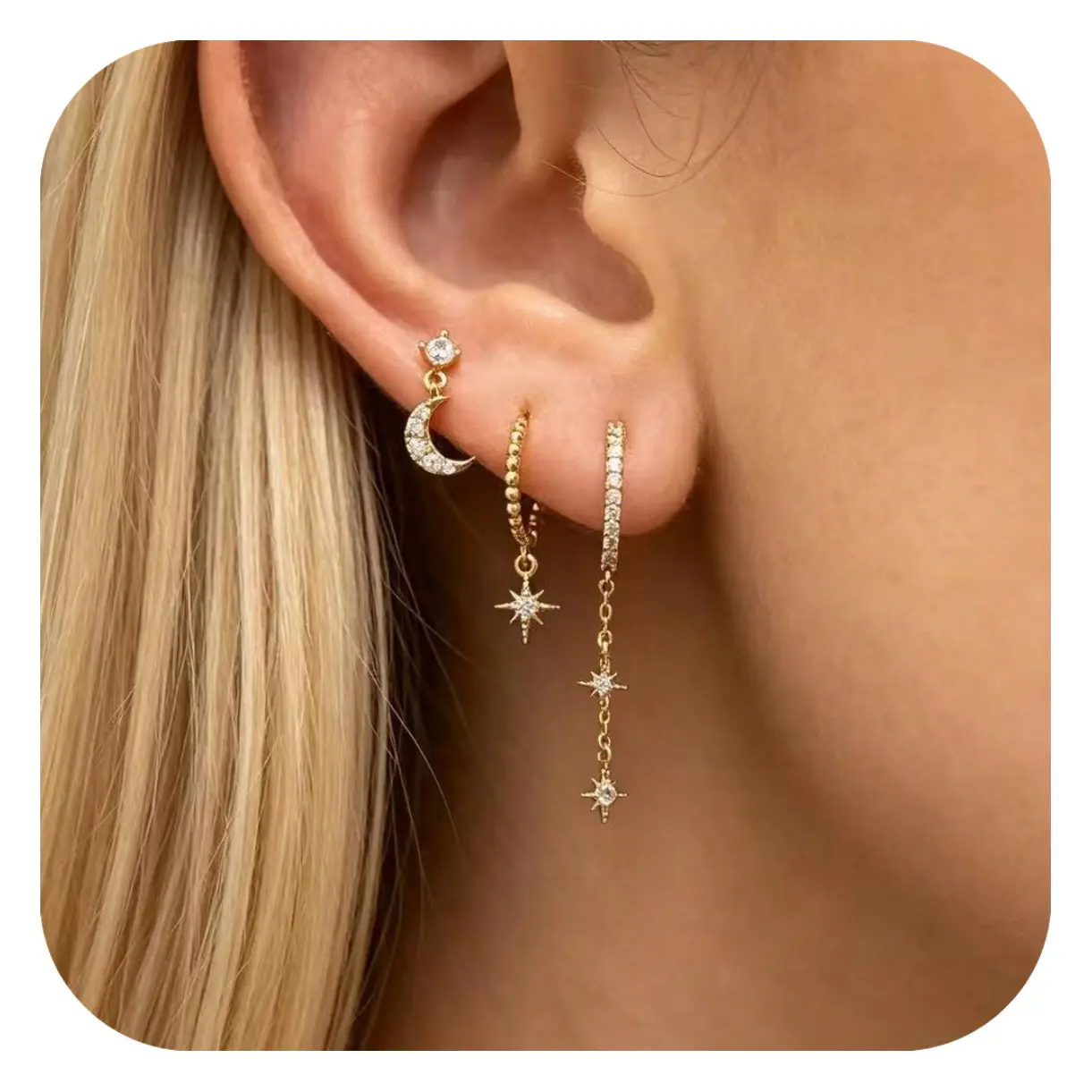 DIROMON 3 Layered Chain Earrings for Women Hypoallergenic 14K Gold Plated Moon Star Hoop Stackable Cubic Zirconia Dangle Earring Set Stacks for Multiple Piercings Jewelry Lightweight 3Pairs