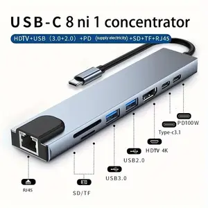 Compact 8-In-1 USB C HUB, 87w Power Delivery, Type C Docking Station, Ethernet Port, USB 3.0, 4K Ultra HD, SD/TF Card Reader
