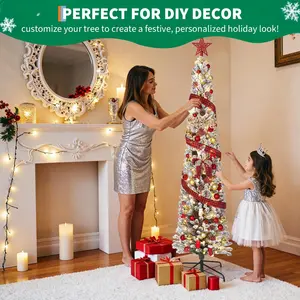7.5Ft Flocked LED Pencil Christmas Tree | Slim Pre-Lit Xmas Tree with Hinged Metal Stand | for Home, Office, Indoor & Outdoor Holiday Decor Decoration