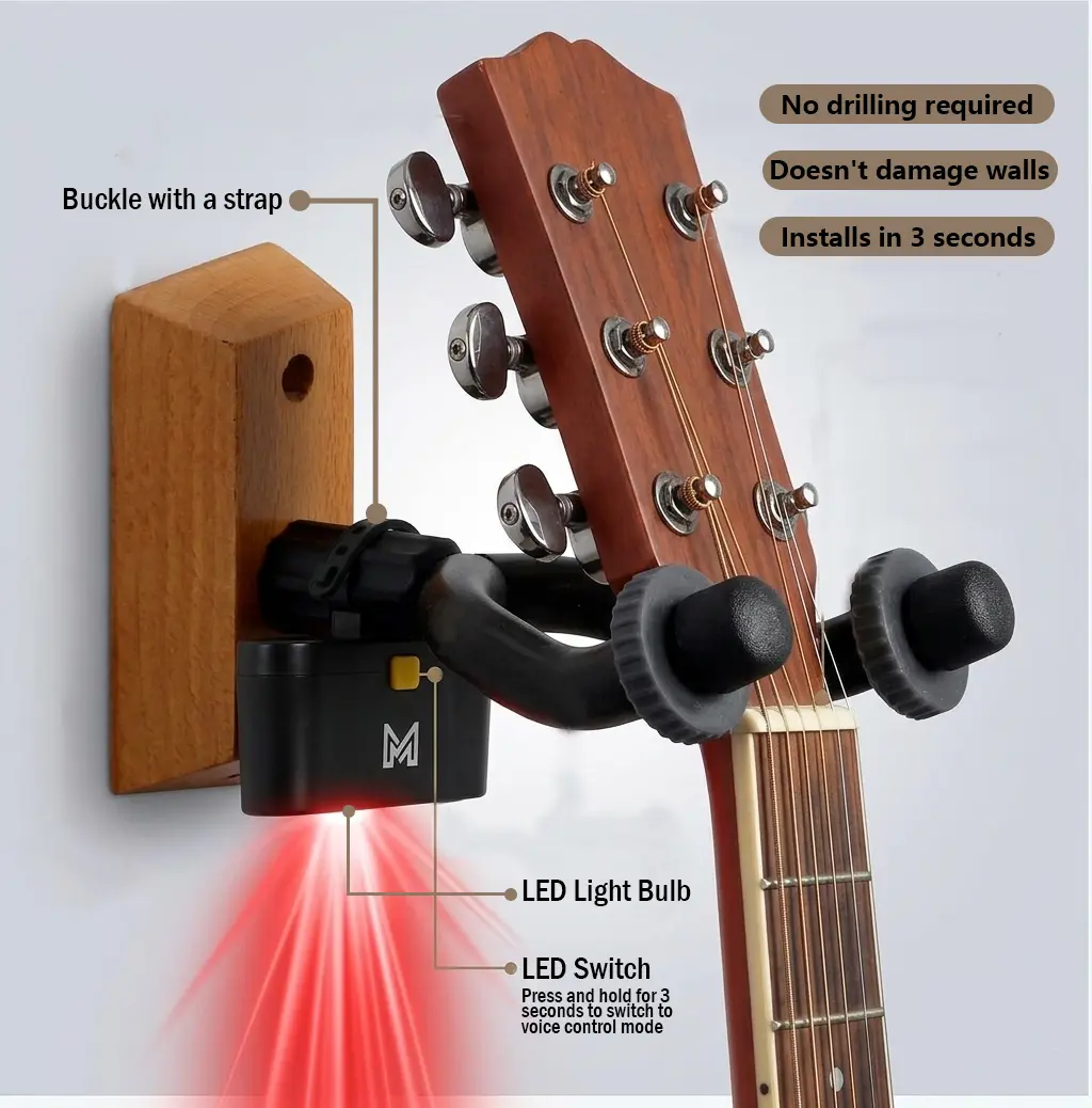 RGB LED Guitar Light Wall Mount - No Drilling Color Changing Smart Backlight Strip for Electric, Acoustic, Bass Guitars, 3 Vibrant Modes, Eye-Friendly Floating Shadow Effect, High-End Look Gaming Music Accessory (Hook Not Included)