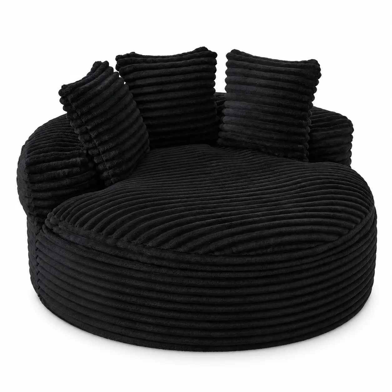 55'' Oversized Round Boneless Chair, Cozy Corduroy Cloud Chair with 3 Pillows, Deep Seat Chaise Lounge Chair Indoor for Reading Nook, Living Room and Bedroom, Black