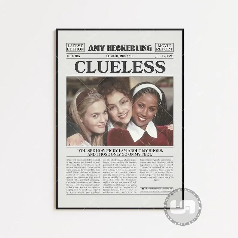 Clueless, Amy Heckerling, Retro Newspaper Movie Poster, Black White Wall Art, Vintage Retro Art Print