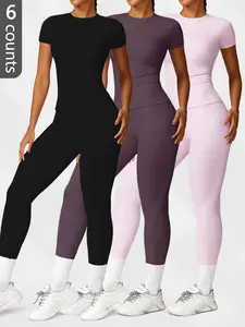Women's Solid Round Neck Tee & High Waist Leggings Sportswear Set, Breathable Quick Drying Short Sleeve T-shirt & Skinny Pants, Ladies Sportswear for Indoor Outdoor Wear, Tracksuit Set, Gym Clothes Women