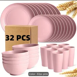 32-Piece Pink Kitchen Dishware Set - Includes Plates Bowls and Cups - Perfect for Everyday Use - Elegant and Practical Design