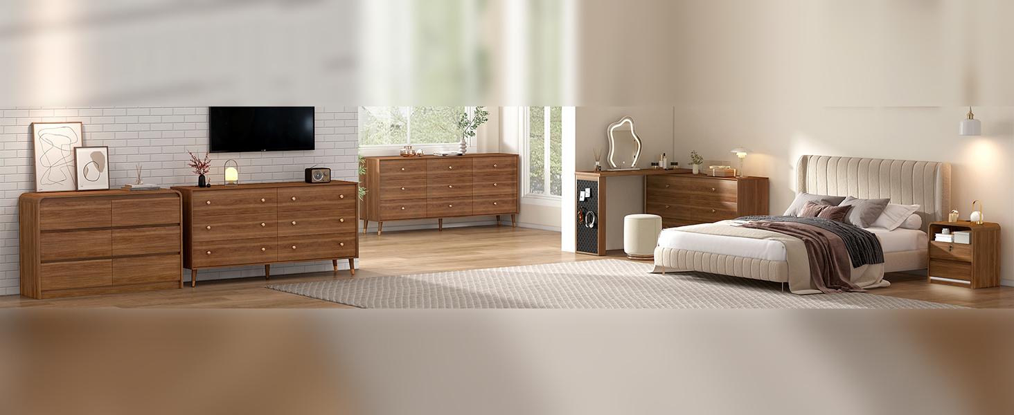 Messenya Walnut Nightstand with Charging Station, Motion-Activated LED Light & Lockable Drawer, 21" Mid Century Modern Bedside Table with Rounded Corner Anti-Collision Design for Bedroom, Dorm