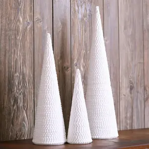 White Mini Knitted Pom Pom Christmas Tree Topiary Mantle Home Decor - Set of 3
