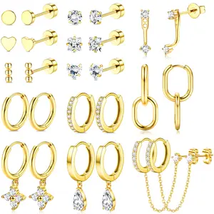 MILACOLATO Hypoallergenic Flat Back Earrings for Women Men, 14K Plated Gold Cartilage Earrings Set for Multiple Piercing, Surgical Stainless Steel Small Hoop Flatback Stud Earrings Stacks Screwback for Sensitive Ears