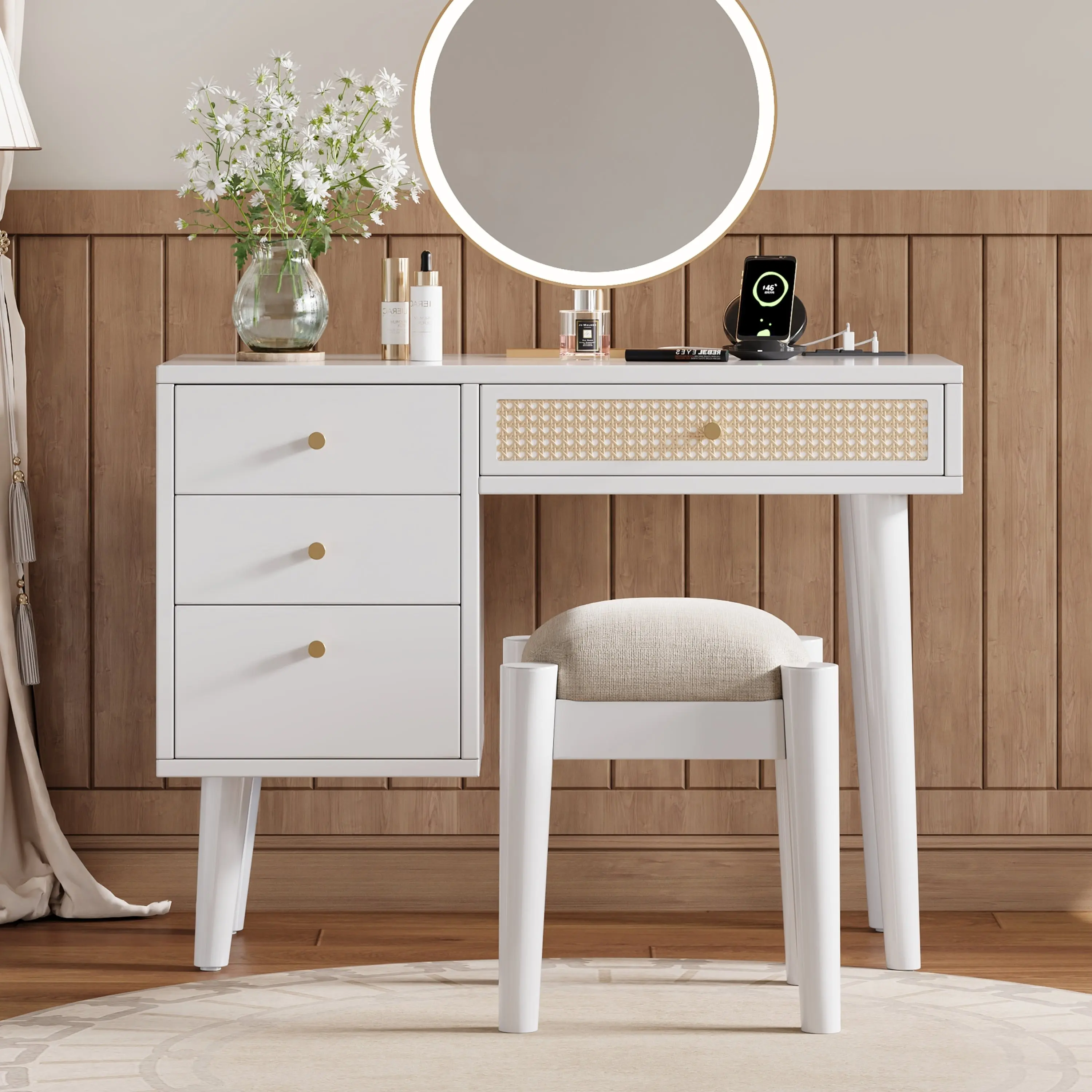 39" Retro Bohemian Style Wooden Makeup Vanity Set with Charging Plug & USB Port + Stool, Dressing Table w/ 3 Storage Drawers + 1 Rectangular Rattan Drawer, White
