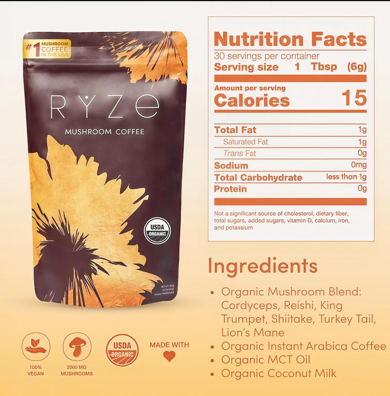RYZE Mushroom Coffee USDA Organic with 6 Adaptogenic Mushrooms and MCT Oil SQ, USA Grown Instant Coffee for Better Energy, Focus,Digestion, lmmunity with Turkey Tail, Shiitake,Lion's Mane, 30 Servings