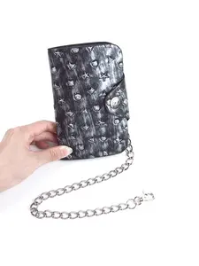 Gothic Punk Biker Wallet with Washed Black Effect, Star & Geometric Embossed Pattern, PU Leather, Skull Snap Closure, Detachable Anti-Theft Metal Chain, Multi-Card Slots, for Motorcycle Riders, Streetwear Style