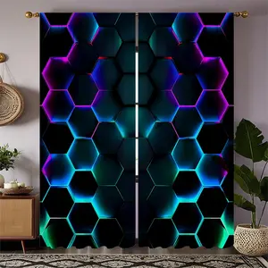 2 Piece Hexagonal Print Curtains, Window Curtain, Fashion Rod Pocket Drapes for Kids Room, Bedroom, Living Room, Easy Installation, Comfortable Atmosphere